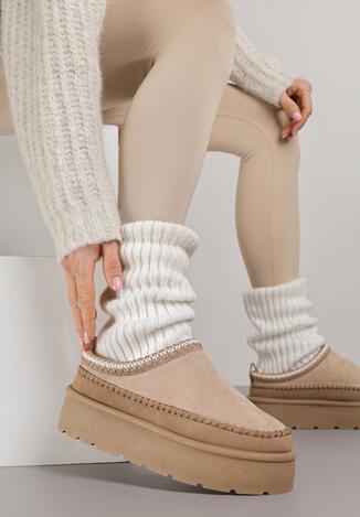 Ciemnobeżowe Śniegowce Ocieplone na Platformie z Ozdobnym Wyszywaniem Reitenna