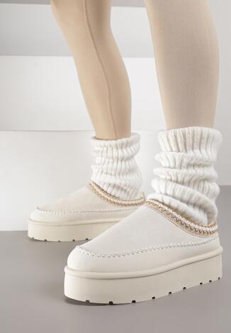 Beżowe Śniegowce Ocieplone na Platformie z Ozdobnym Wyszywaniem Reitenna