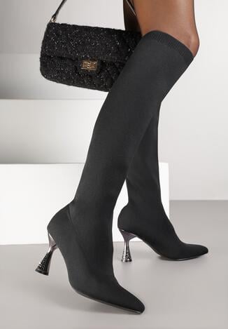 Czarne Skarpetkowe Kozaki Vices na Klepsydrowym Obcasie z Cyrkoniami Giosara