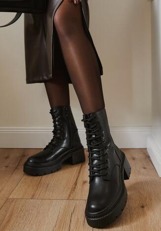 Czarne Botki Typu Workery Vices Platformie z Tłoczeniem i Ozdobą Violowa