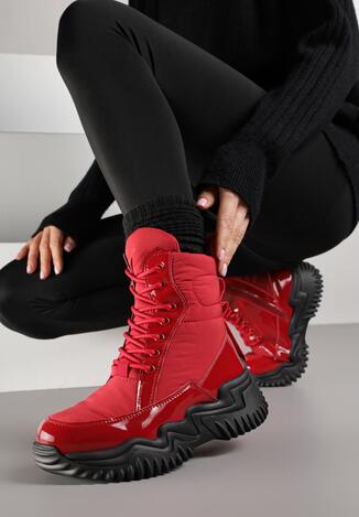 Czerwone Sznurowane Śniegowce VICES z Lakierowanymi Wstawkami i Tłoczeniami Reisanna