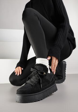 Czarne Sznurowane Sneakersy Śniegowce Sneakersy na Grubej Podeszwie Vamitte