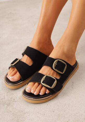 Czarne Klapki VICES z Dwoma Paskami i Metalicznymi Klamrami Kaliniassi