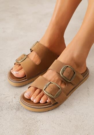 Ciemnobrązowe Klapki VICES z Dwoma Paskami i Metalicznymi Klamrami Kaliniassi