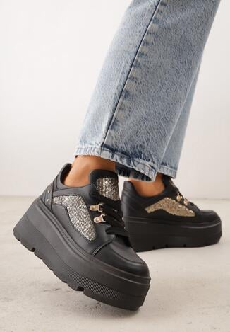 Czarne Sneakersy VICES na Koturnie z Brokatem Elanatale