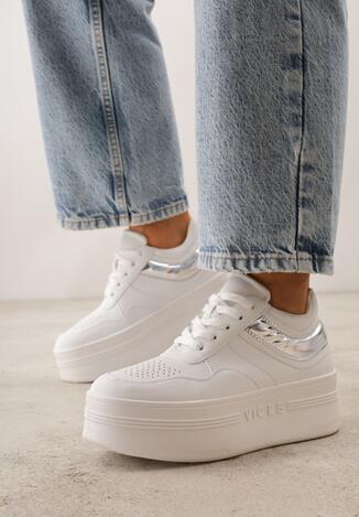 Biało-Srebrne Sneakersy VICES na Grubej Podeszwie z Przeszyciami i Tłoczeniem Berolle