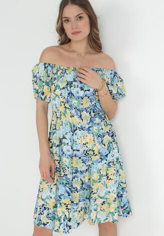 Rochie Albastră cu Decolteu Spaniol din Viscoză cu Imprimeu Floral Beliitra