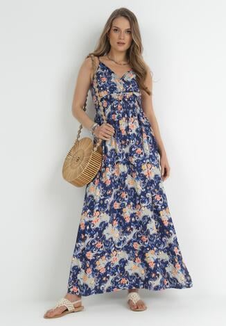 Rochie albastru marin Maxi cu elastic în talie și bretele reglabile din viscoză Destina