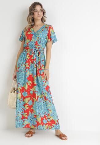 Rochie Maxi Petrecută Albastru-Roșie cu elastic în talie, florală, din viscoză Aryna
