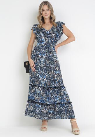 Rochie Negru-Bleumarin Cloș Maxi cu bandă elastică încrețită în talie și Volane din Viscoză Wilsey