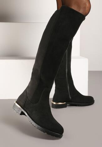 Czarne Płaskie Kozaki z Luźną Cholewką Przed Kolano z