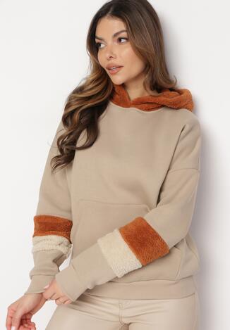 Beżowa Bluza z Kapturem i Futrzanymi Wstawkami Pyroxis - Born2be