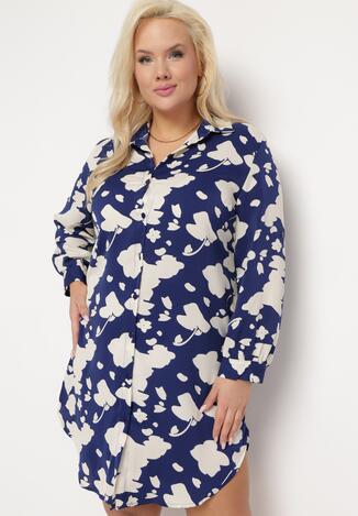 Rochie Tip Cămașă bleumarin cu model abstract și mâneci rulate Grailuna