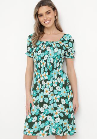 Rochie Albastru-Verde Viscoză Midi Cloș cu Imprimeu Floral Acarana