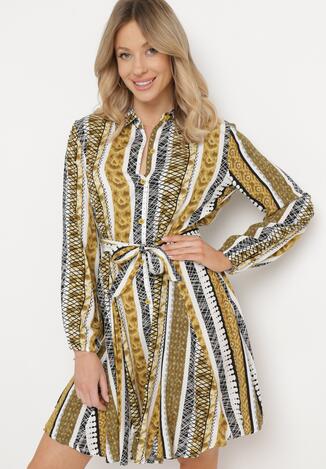 Rochie Galbenă tip Cămașă din Viscoză Cloș cu Curea din Material Sigina
