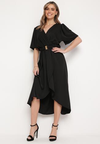 Rochie Neagră Cloș Petrecută cu Elastic în Talie și Curea Decorativă Vasena