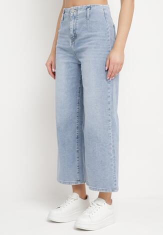 Niebieskie Szerokie Jeansy z Wysokim Stanem Zapinane na Guzik i Suwak