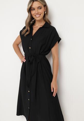 Rochie cămașă Neagră cu nasturi, cu cordon din material în talie Qisofia