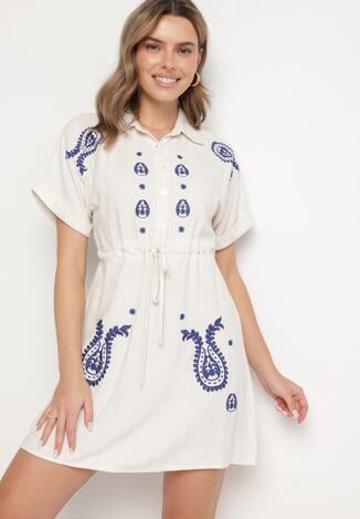 Rochie Cămașă Albastru-Bej din bumbac cu broderii și șnur în talie Ronea