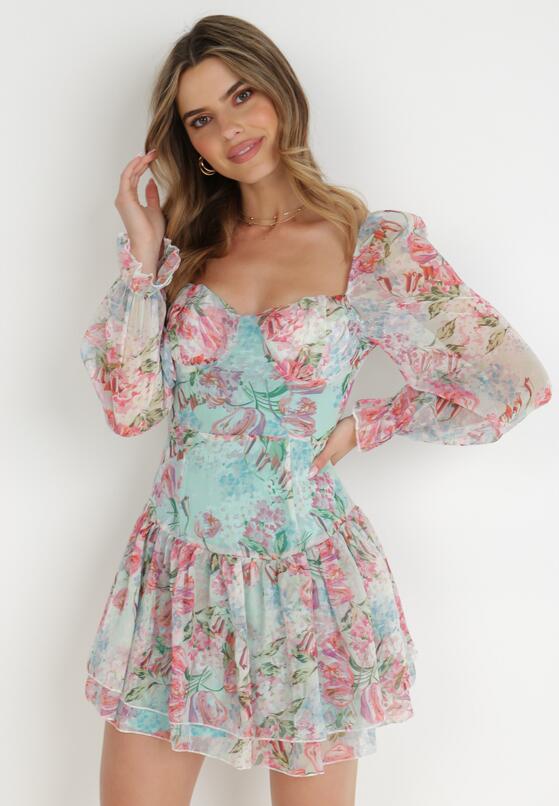 Jasnozielona Sukienka Mini z Bufiastymi Rękawami i Falbankami w Kwiaty Luxitte 1