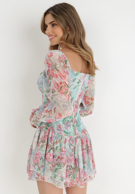Jasnozielona Sukienka Mini z Bufiastymi Rękawami i Falbankami w Kwiaty Luxitte 3