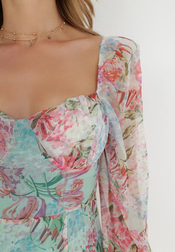 Jasnozielona Sukienka Mini z Bufiastymi Rękawami i Falbankami w Kwiaty Luxitte 5