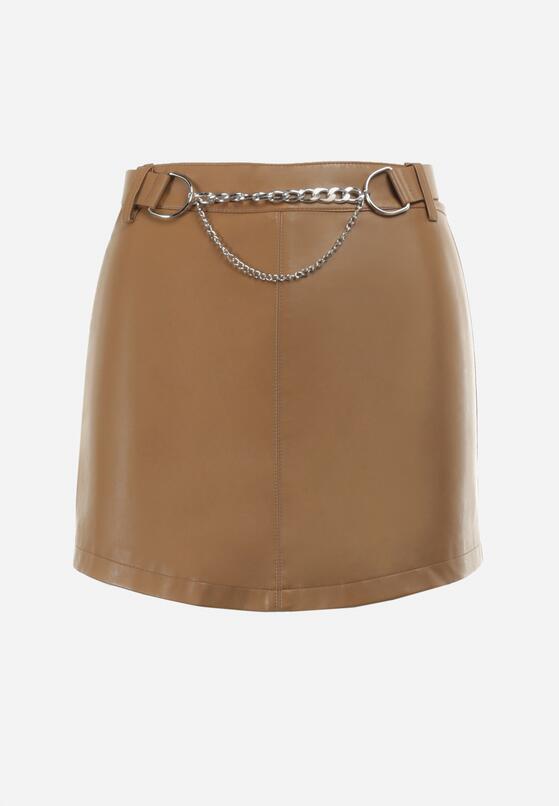 Brązowe Spódnicospodnie z Imitacji Skóry z Paskiem i Łańcuszkiem Haillet 6