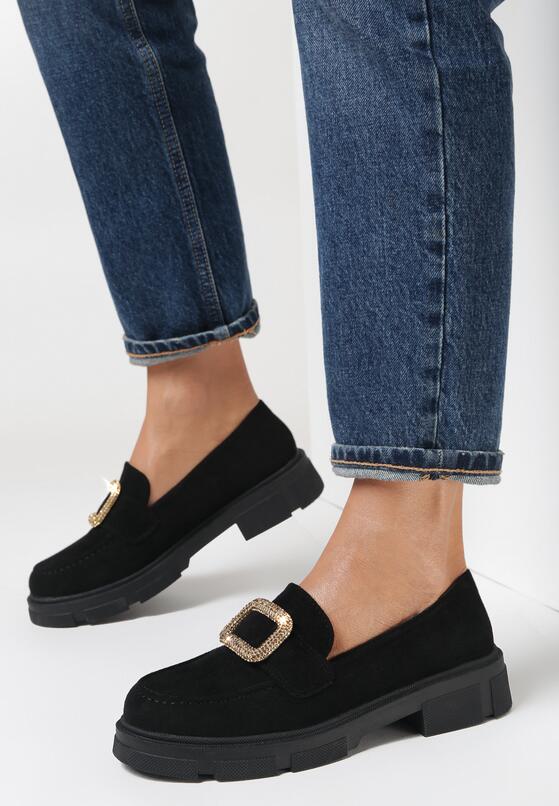Czarne Mokasyny z Klamerką i Cyrkoniami Drethegian 1