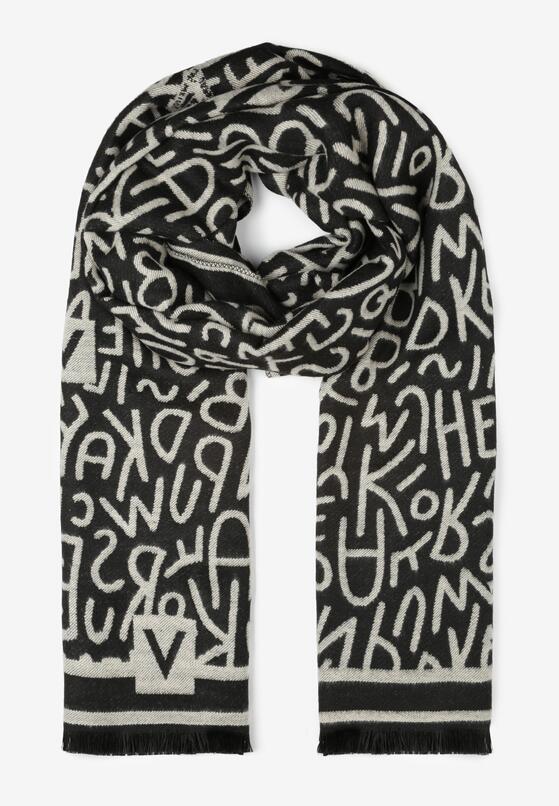 Beżowo-Czarny Szalik z Bawełny i Wiskozy z Nadrukiem Cellah 1