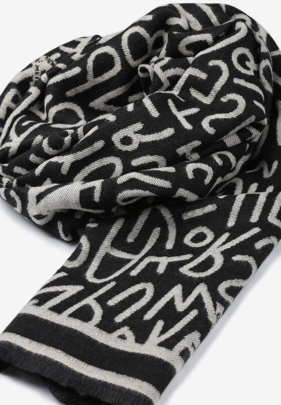 Beżowo-Czarny Szalik z Bawełny i Wiskozy z Nadrukiem Cellah 2