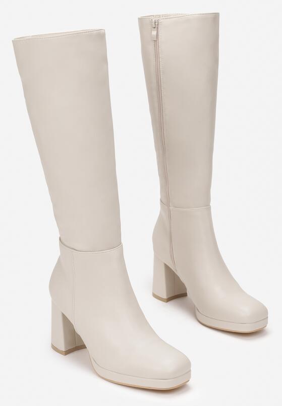 Beżowe Kozaki na Słupku i Niskiej Platformie z Kwadratowym Noskiem Chlorathe 4