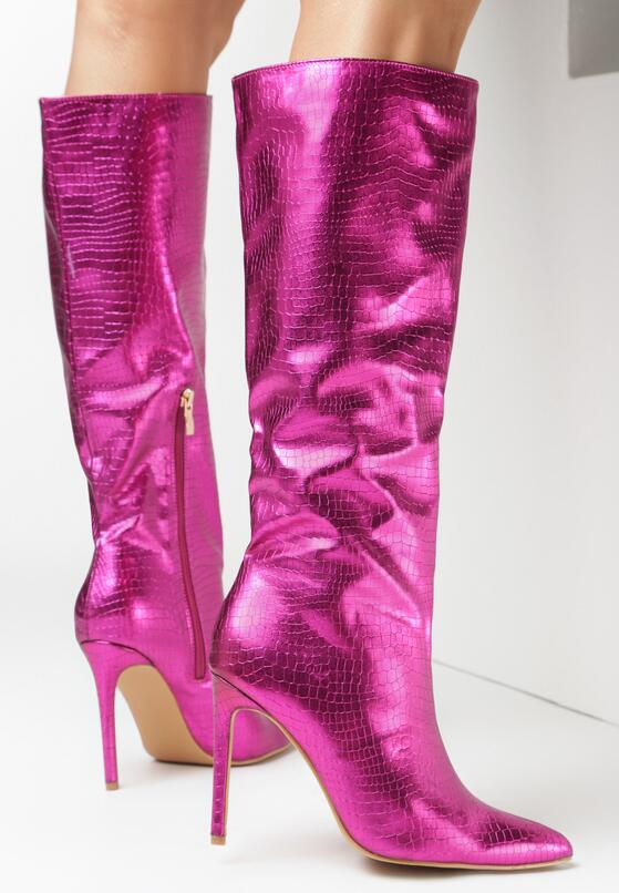 Różowe Kozaki Metaliczne z Tłoczeniem Skóry Krokodyla Dawala 1