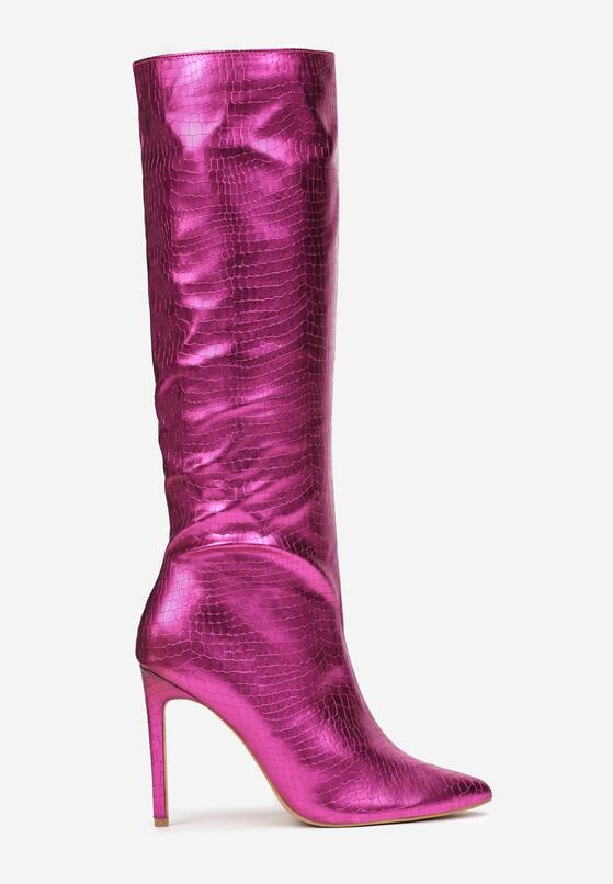 Różowe Kozaki Metaliczne z Tłoczeniem Skóry Krokodyla Dawala 3
