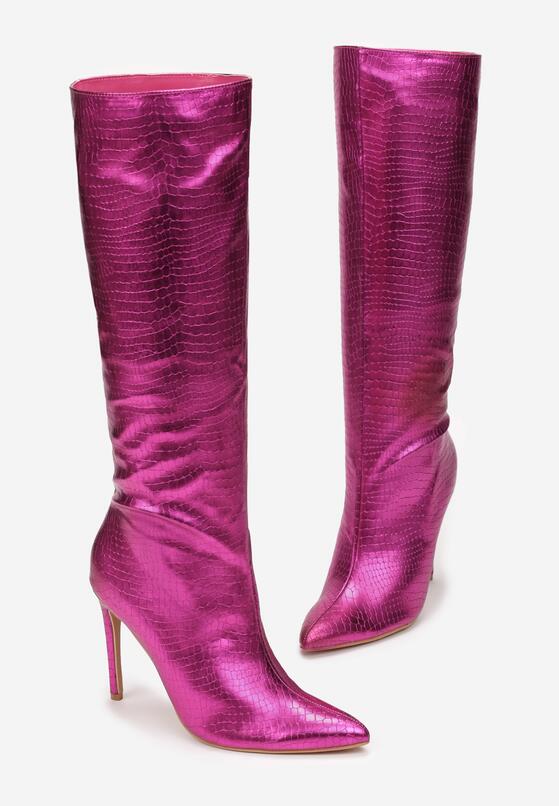 Różowe Kozaki Metaliczne z Tłoczeniem Skóry Krokodyla Dawala 4