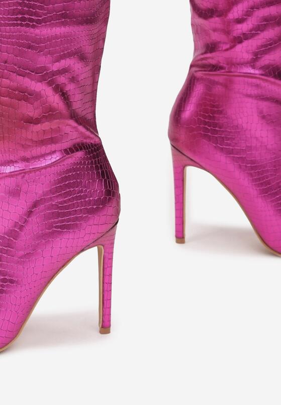 Różowe Kozaki Metaliczne z Tłoczeniem Skóry Krokodyla Dawala 5