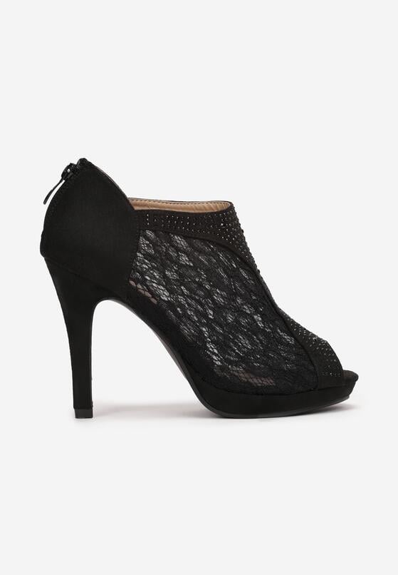 Czarne Botki Koronkowe Peep Toe na Szpilce Kih 3