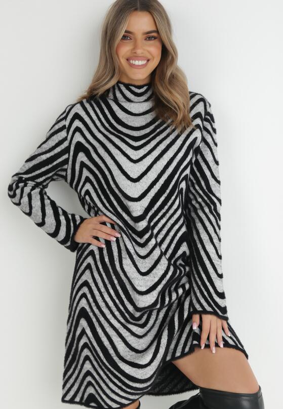 Jasnoszara Sukienka Sweterkowa z Półgolfem Hokoh 2