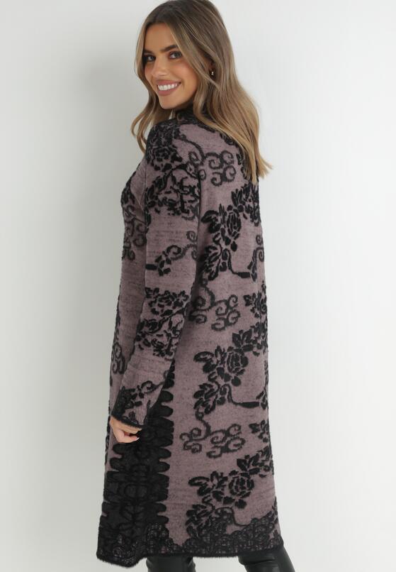 Ciemnofioletowa Sukienka Sweterkowa w Kwiaty z Półgolfem Niku 3