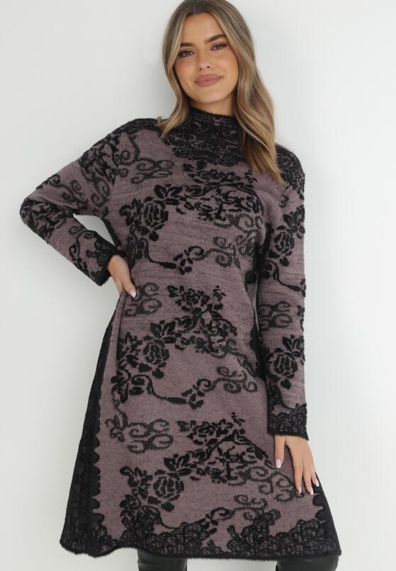 Ciemnofioletowa Sukienka Sweterkowa w Kwiaty z Półgolfem Niku 4