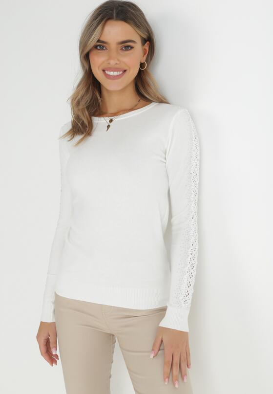 Biały Sweter z Koronką i Cyrkoniami Izzat 1