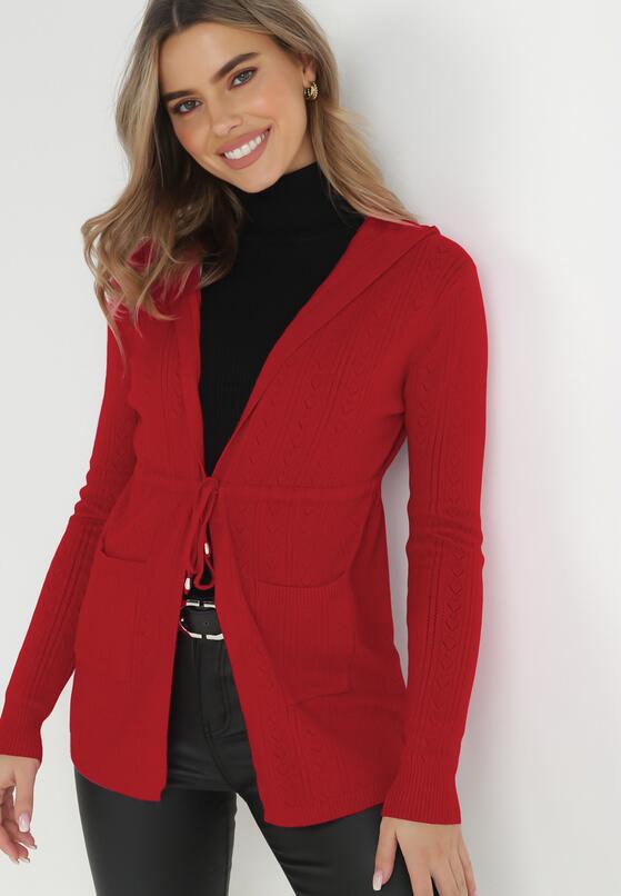 Bordowy Kardigan Ściągany w Pasie z Kapturem Mase 4