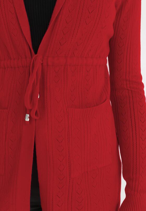 Bordowy Kardigan Ściągany w Pasie z Kapturem Mase 5