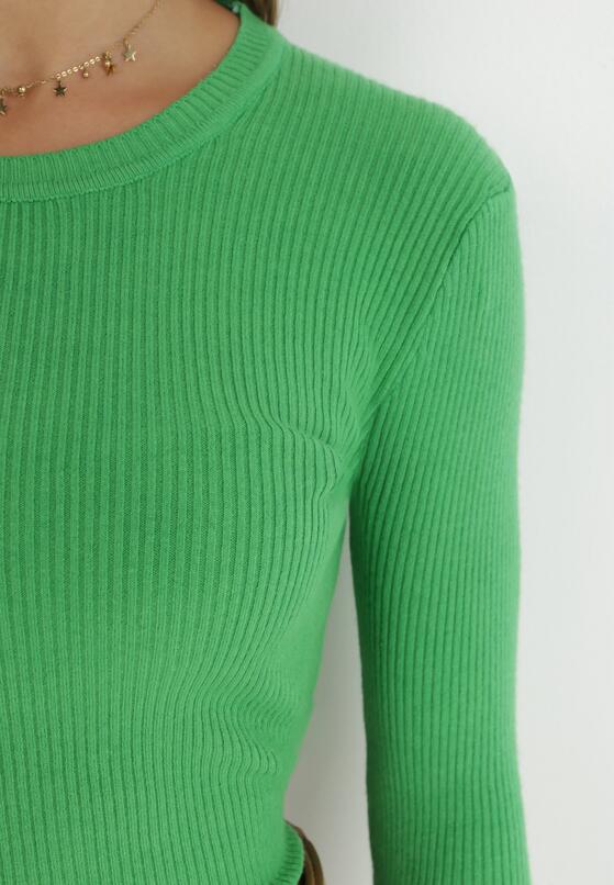 Zielony Sweter z Okrągłym Dekoltem Prążkowany Umame 5