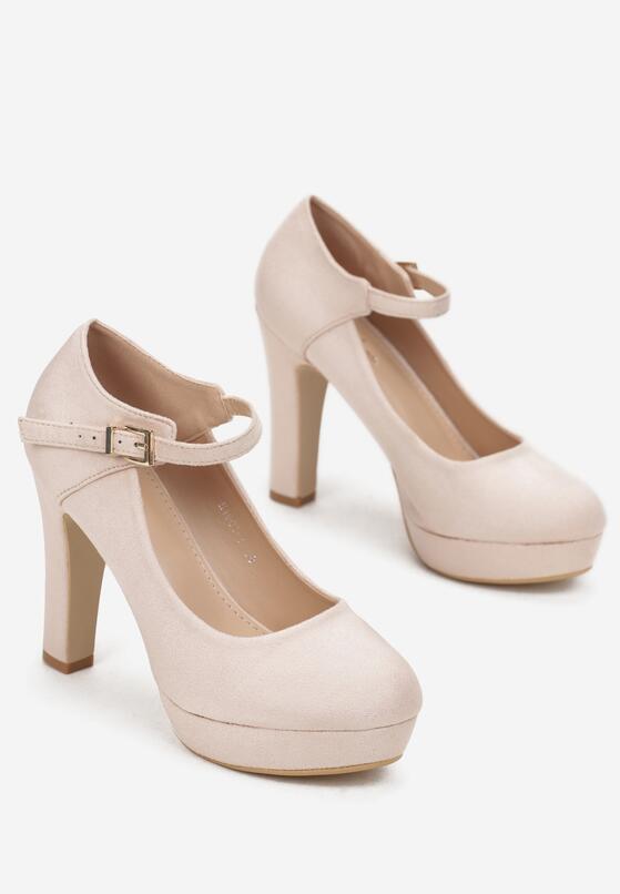 Beżowe Czółenka na Słupku i Platformie z Paskiem Bara 4