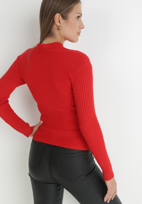 Czerwony Sweter Kopertowy z Prążkowanej Dzianiny Zaki 3