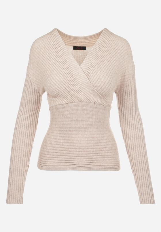 Beżowy Sweter Kopertowy z Prążkowanej Dzianiny Zaki 6