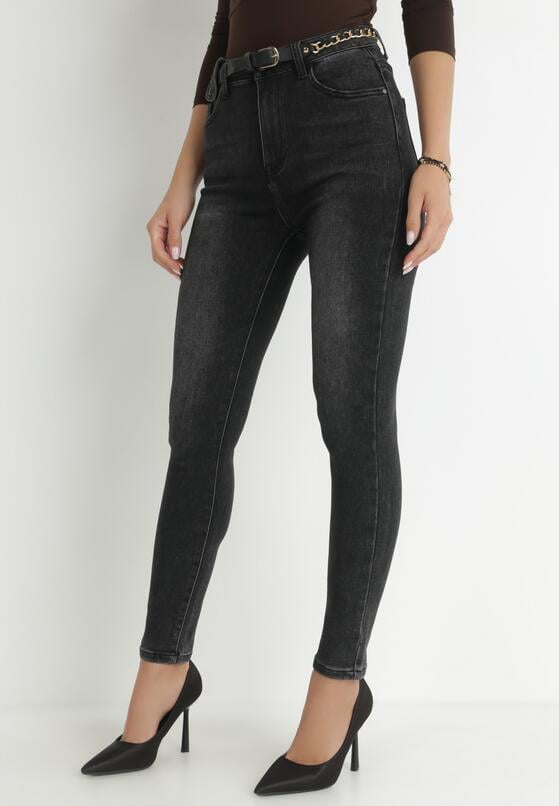 Czarne Jeansy Skinny z Paskiem z Łańcuszkiem Kona 2