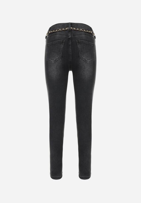 Czarne Jeansy Skinny z Paskiem z Łańcuszkiem Kona 7