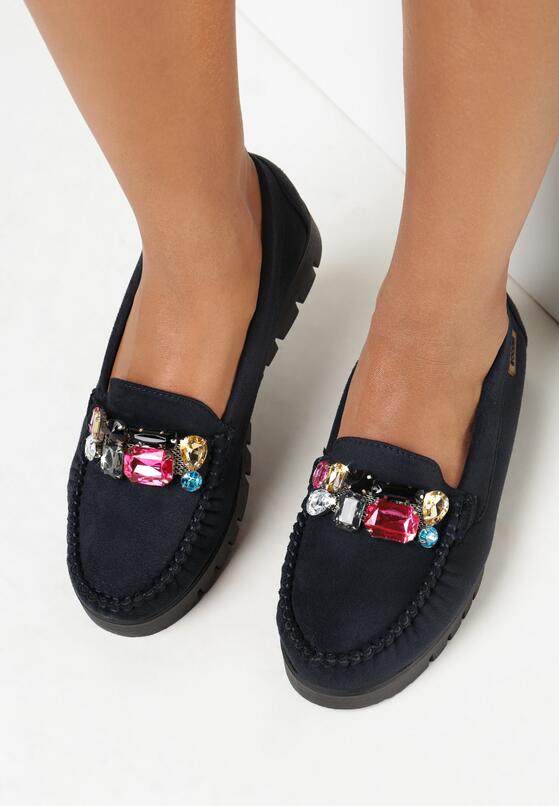 Granatowe Mokasyny na Grubej Podeszwie z Wkładką ze Skóry Naturalnej Gwennol 2