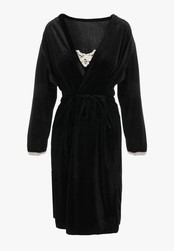 Czarny 2-częściowy Komplet Welurowy Koszula Nocna i Szlafrok Hipheve 5